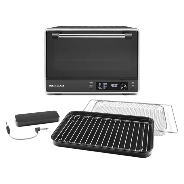 KitchenAid® Dual Convection Countertop Oven with Air Fry and Temperature Probe in black and stainless steel, front-facing with digital display set to 400°F. Includes a temperature probe with cable, 9x13-inch non-stick baking pan with metal rack, and wire mesh air fry basket for versatile countertop cooking.