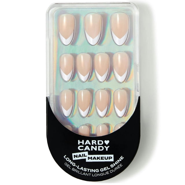 Hard Candy Nail Makeup press-on nails set with 30 nude nails featuring white French tips in a clear plastic case with black base labeled for long-lasting gel shine, ideal for easy, reusable at-home manicures.