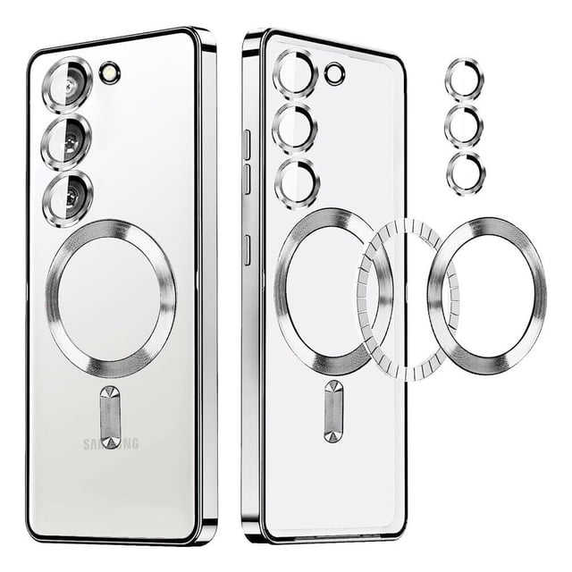Supershield Case for Samsung Galaxy S24 5G in silver, featuring a transparent design with reinforced TPU bumper and metallic electroplating. Built-in MagSafe-compatible ring magnet ensures secure alignment, faster charging, and drop protection. Anti-yellowing and fingerprint-resistant finish maintains clarity over time. Precise cutouts for camera, speakers, and ports.