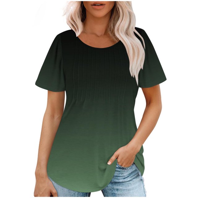 Plebaso Hauts pour Femmes Été Manches Courtes Col Rond Tunique Chic Ample Mode Blouses à Dégradé de Couleurs