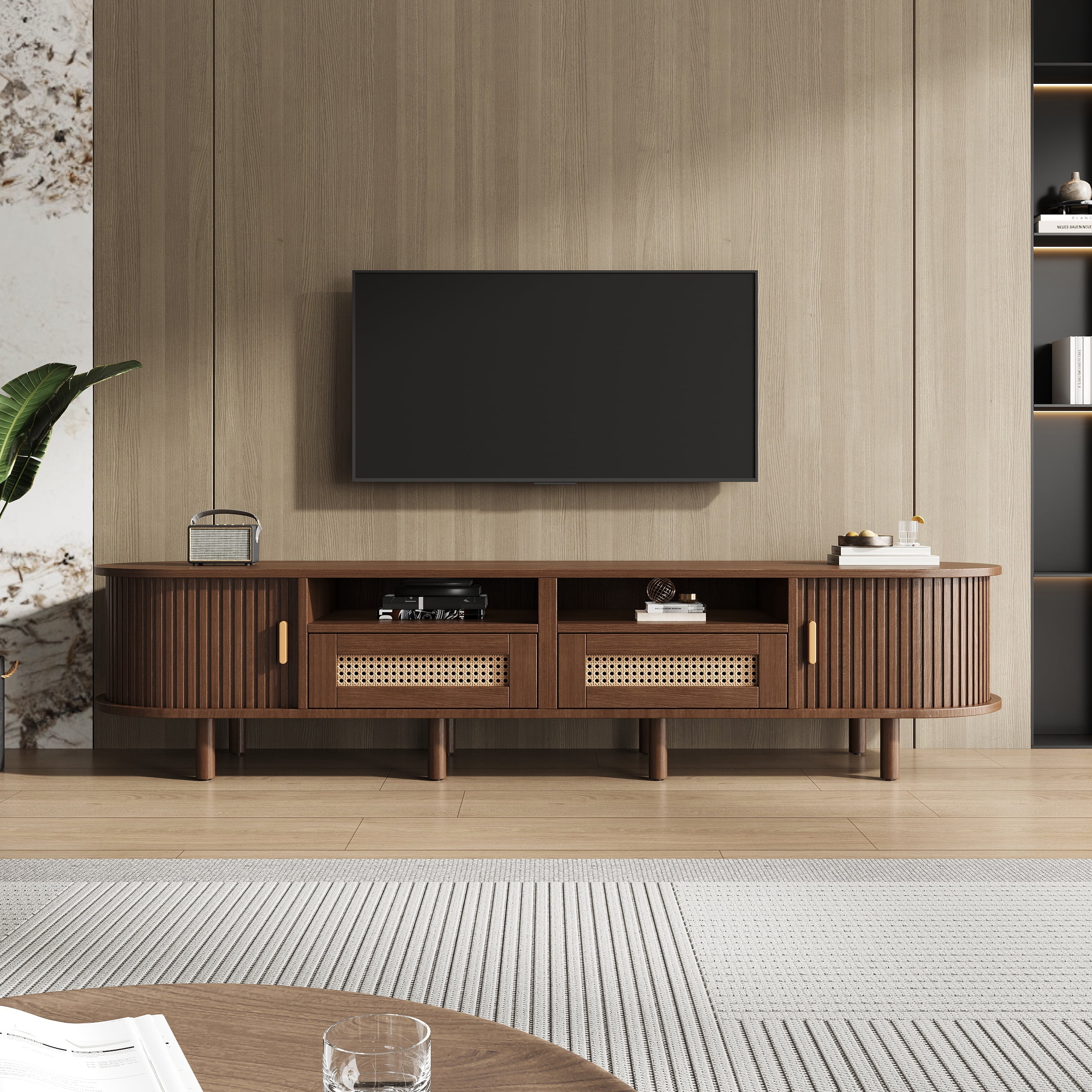 Meuble TV maison Noble 64.9" avec 2 tiroirs en rotin et 2 portes coulissantes, buffet ovale arrondi pour TV 65", noyer