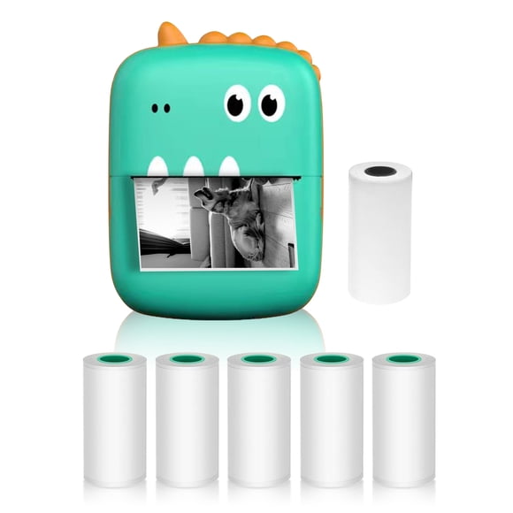 Mistaha Pocket Mini Dinosaur Green Printer 2-inch 57mm 200dpi Thermal Print with Lithium Battery, Includes 1 Thermal Paper Roll + 5 Self-Adhesive Rolls