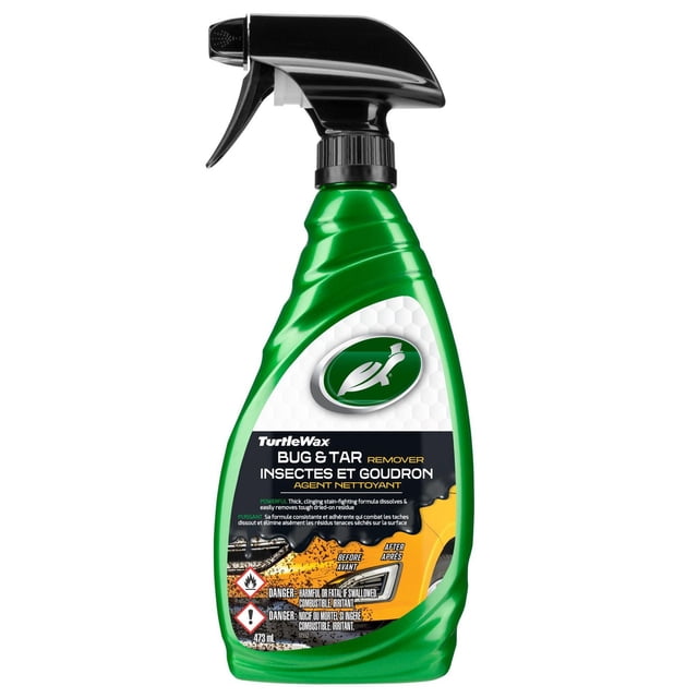 Turtle Wax Détachant d'Insectes et de Goudron dans une Bouteille Vaporisateur Verte avec Embout de Gâchette Noir, Formulé pour l'Esthétique Automobile afin d'Éliminer les Insectes, le Goudron et la Sève d'Arbre des Finitions de Véhicules, avec une Étiquette Comprenant des images de Gril de Voiture avant et après et des Avertissements de Danger Bilingues.