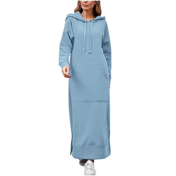 Fznquz Plus Size Ladies Dresses Blue Casual Pullover Long Hoodie Dress Long Sleeve Maxi Oversized Womens Dress