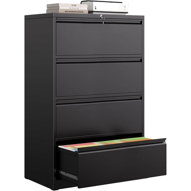 4 Drawer Lateral File Cabinet with Lock, Metal Filing Cabinet for Home Office, shown in black with a sleek powder-coated finish. The cabinet features four spacious drawers, one partially open to reveal organized A4, letter, and legal size file folders. A lock is visible on the top drawer for added security. The cabinet is topped with a printer and books, demonstrating its use as a printer stand. Ideal for office, bedroom, or study room settings.