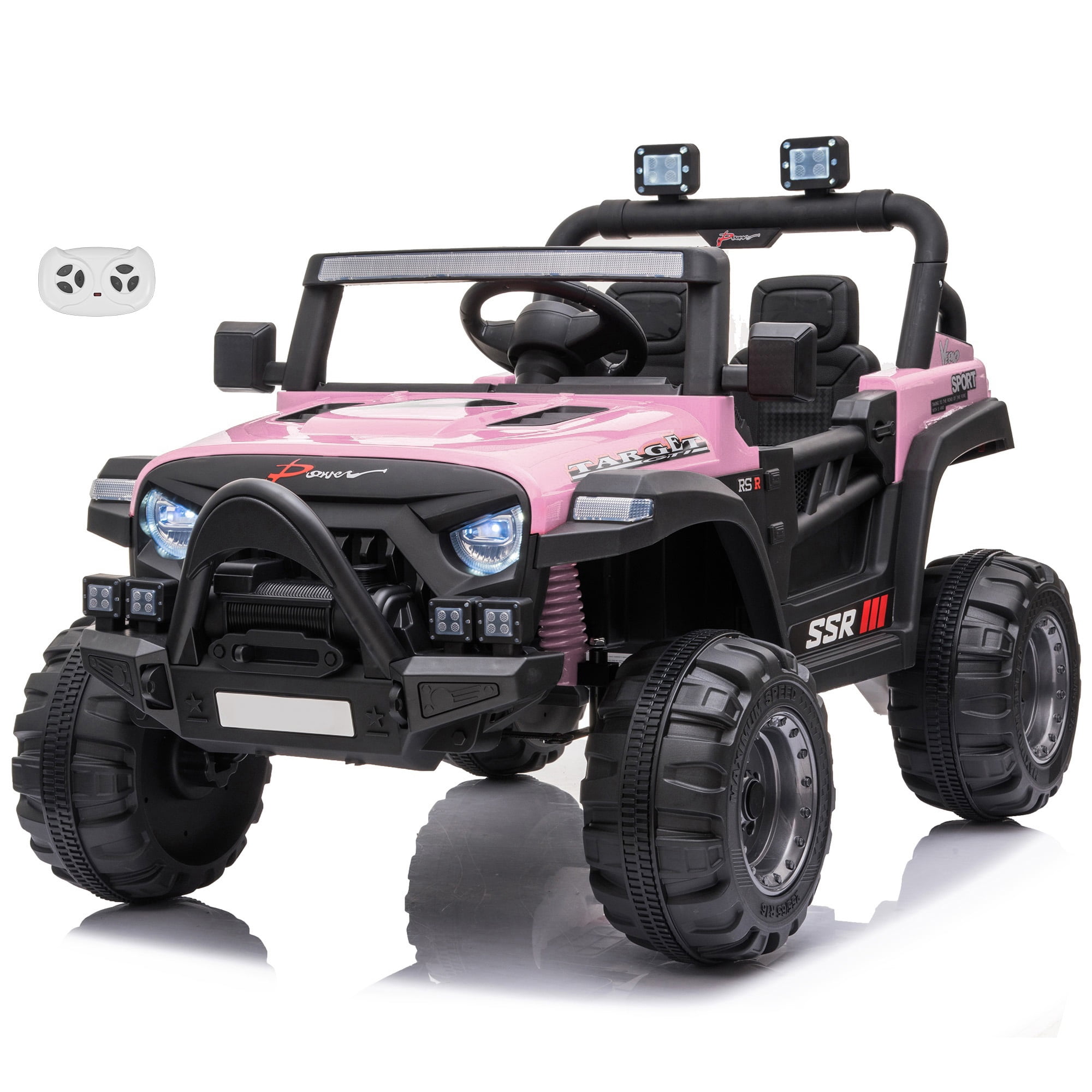 VOLTZ TOYS Jeep with Angry Face Grill 12V Kids Ride On Car Toy with Open Doors, Realistic Lights and Remote Control - Pink