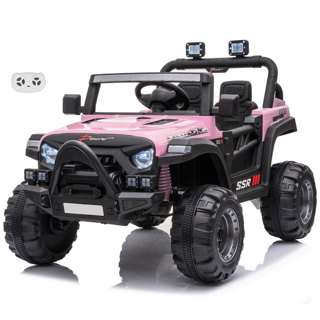 VOLTZ TOYS Jeep with Angry Face Grill 12V Kids Ride On Car Toy in pink, featuring openable doors, realistic LED headlights, and a bold design. This single-seater ride-on car is equipped with a 12V rechargeable battery, two 550 motors, and a parental remote control for safety. It includes a built-in MP3 player and working searchlights, making it ideal for kids aged 1–5 years. The durable wheels and rear-wheel drive ensure smooth rides on flat surfaces. Dimensions: 110x72x72 cm (43.3x28.3x28.3 inches).
