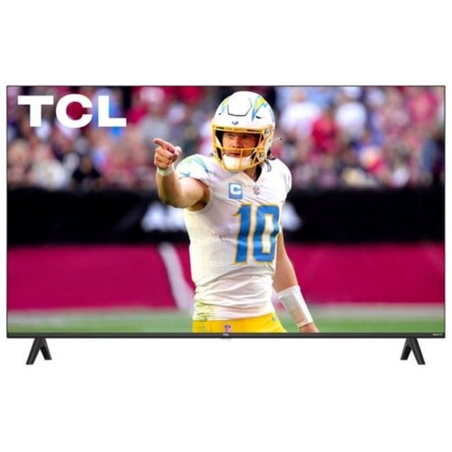 TCL 40 inches S-Series 1080p HD HDR LED Roku OS Smart Television (40S350R-CA) Open Box displayed with a sports broadcast on the screen. The TV features a slim bezel design, dual stand legs, and a vibrant Full HD display. It includes built-in Roku OS for seamless streaming, HDR10 support, and compatibility with major voice assistants. Open-box condition with original remote, power cable, stand, and manuals included.