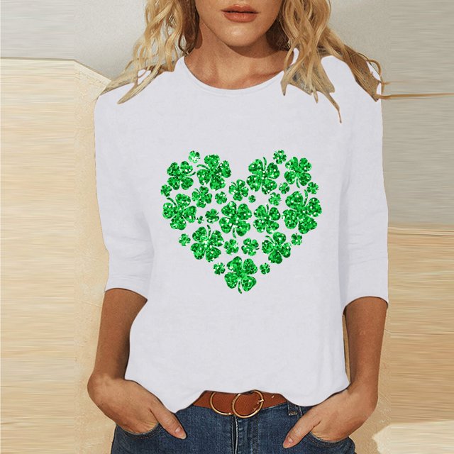 T-Shirt Ample à Manches Trois-Quarts et Col Rond Imprimé pour la Saint-Patrick pour Femmes
