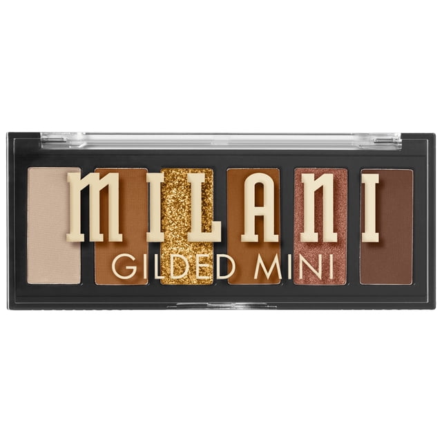 Milani Gilded Mini Eyeshadow Palette with six pressed powder shades in a compact black case with clear lid, featuring matte and shimmer finishes in warm gold, bronze, and brown tones for radiant, blendable eye looks suitable for travel or everyday wear.
