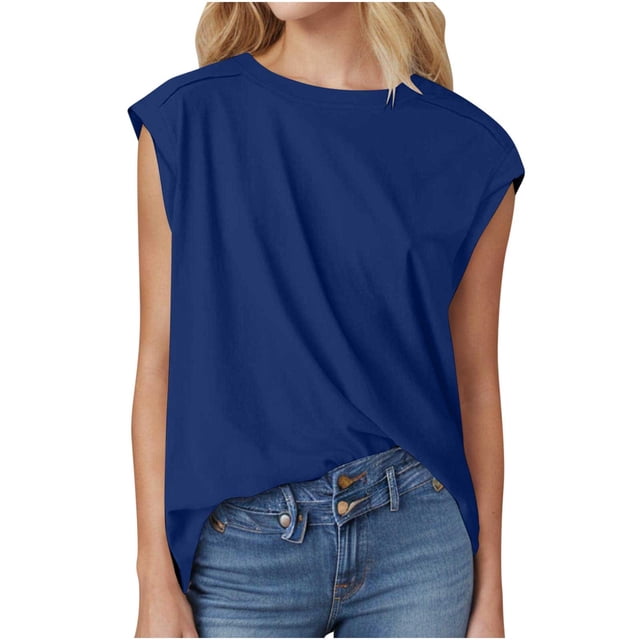 Dealovy Womens Summer Tops Cap Sleeve Crew Neck Solid Color Loose Fitting Casual Plain Tees T-Shirts