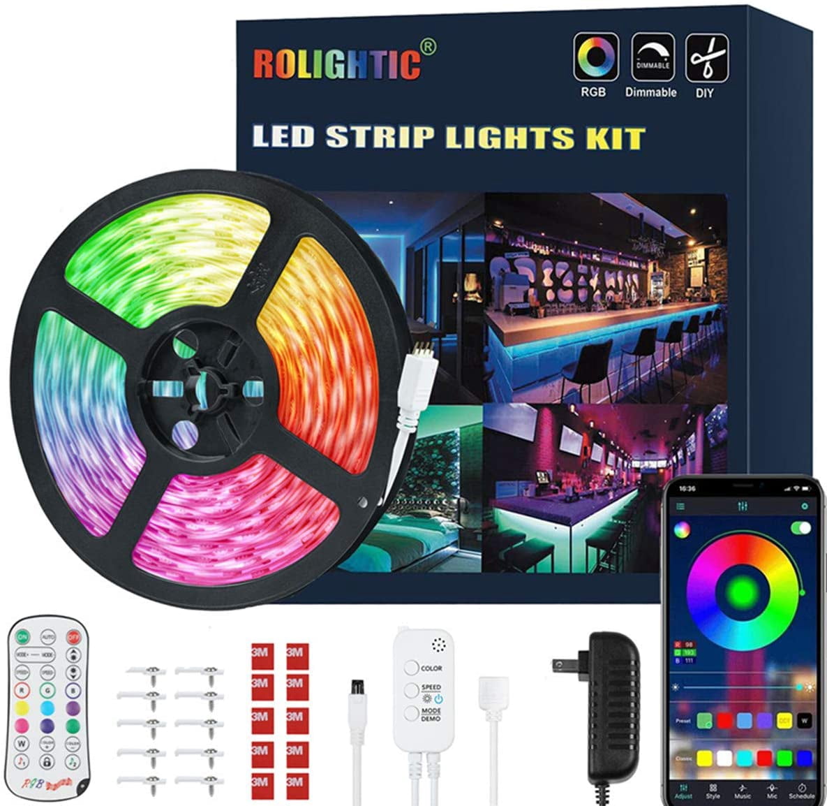 LED Strip Lights 32.8ft | Smart APP Controlled LED Light Strip with Remote, 5050 LED Lights 300LEDs RGB Rope Lights, Music Sync Lights for Bedroom Ceiling (APP+Remote+Mic+3 Button)