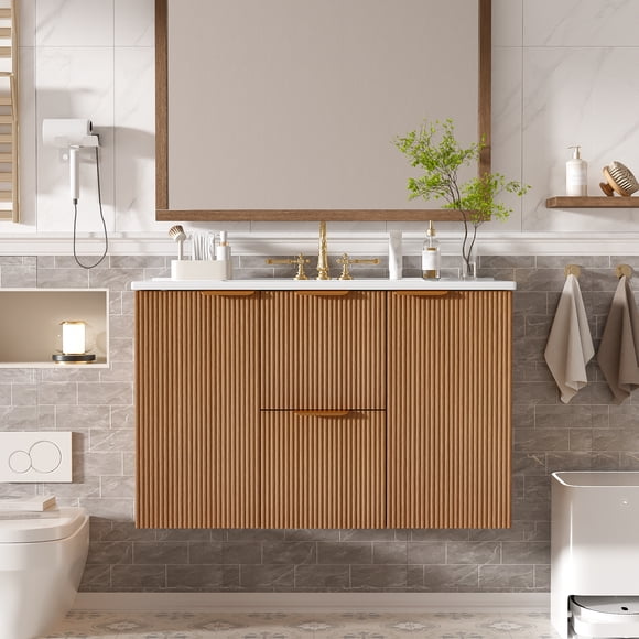 imerelez 36 Inch Single Sink Bathroom Vanity with ceramic Top, MDF Cabinet, Soft Close Doors, Divided Drawers, Wall-Mounted Modern Storage Vanity