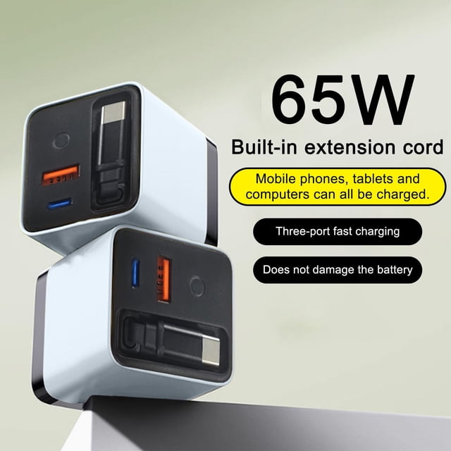 65W Retractable Wall Charger with USB-C Cable and 2 USB Ports for Fast Charging Phones, Laptops, and Tablets