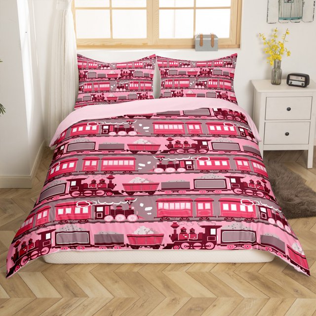 Erosebridal Pink Train Comforter Cover Twin, Steam Engine Bedding Twin Size, Cartoon Vehicle Decor, Reversible(No Comforter)