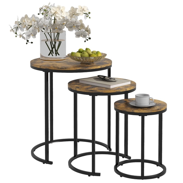 HOMCOM Ensemble de Tables Gigognes de 3, Tables Basses Rondes Empilables avec Dessus de Table à grain de Bois Brun Rustique et Cadres en Acier Noir, Idéal pour les Meubles de Salon. l'Ensemble Comprend Trois Tailles : Grand (Diamètre de 20 Pouces, Hauteur de 23,5 Pouces), Moyen (Diamètre de 15,75 Pouces, Hauteur de 19,75 Pouces) et Petit (Diamètre de 11,75 Pouces, Hauteur de 15,75 Pouces). Conçues pour un Usage Polyvalent, Ces Tables Peuvent Être Emboîtées pour Économiser de l'Espace Ou