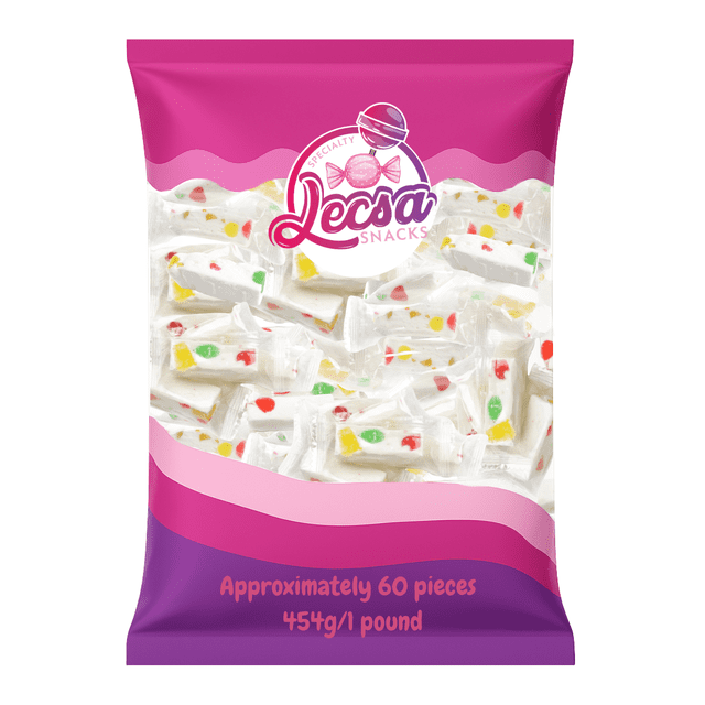 Fruity Jujube Nougat - Chewy Candy by Lecsa Specialty Snacks, packaged in a vibrant pink and purple bag containing approximately 60 individually wrapped pieces. This bulk candy features colorful fruit-flavored jujube pieces embedded in a soft, creamy nougat base, offering a chewy texture. Weighs 454g (1lb).