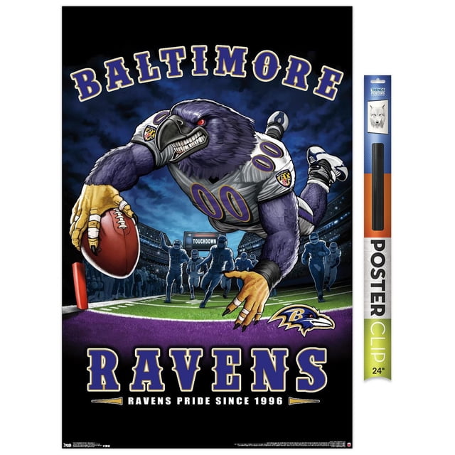 NFL Baltimore Ravens - End Zone 17 Wall Poster, 14.725" x 22.375" featuring a detailed illustration of a purple raven mascot in a white football jersey with number 00 diving to score a touchdown on a green football field with silhouetted players and stadium lights, bold Baltimore Ravens text and team logo, printed on glossy poster paper suitable for sports-themed room decor.
