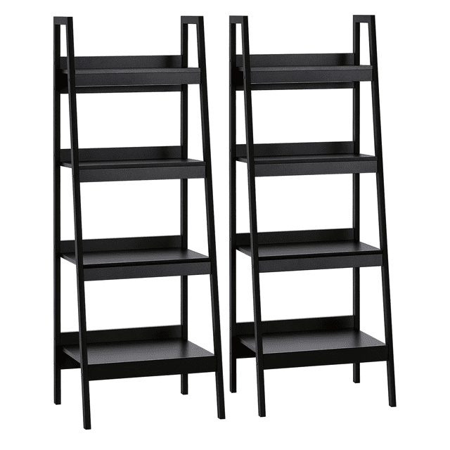HOMCOM Ensemble de 2, Étagère Échelle à 4 Niveaux avec Fini Noir Épuré, Cadre en Acier Robuste et Étagères en MDF de Qualité E1 Durables. Chaque Unité Comprend Quatre Niveaux Ouverts pour un Usage Multifonctionnel, Idéal pour Ranger des Livres, des Plantes, des Serviettes Ou des Articles Décoratifs. Dimensions par Tablette : 20,5 Pouces de long, 17,75 Pouces de Large et 58,25 Pouces de Haut. Parfait pour les Salons, Bureaux, Cuisines Ou Salles de Bains.