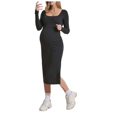 WUANDIXFA Robe de Maternité pour Baby Shower Robe Chandail de Maternité à Manches Longues pour l'Automne et l'Hiver Robe de Maternité en Tricot Côtelé Noir,P