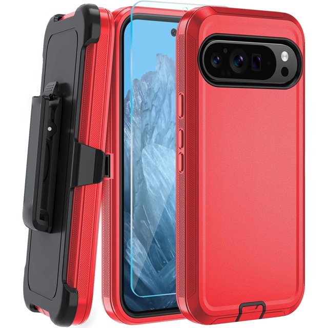 KOMI for Google Pixel 8A Case, with HD Tempered Glass Screen Protector, Heavy Duty Shockproof Drop Protective Rugged Tough Durable Phone Cover with Belt Clip-Red/Black