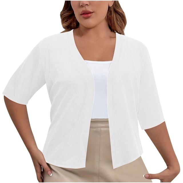 Cardigan d'Été pour Femme Grande Taille à Manches Mi-Longues, Blazer Ouvert à l'Avant, Tricot Léger, Couvre-Maillot