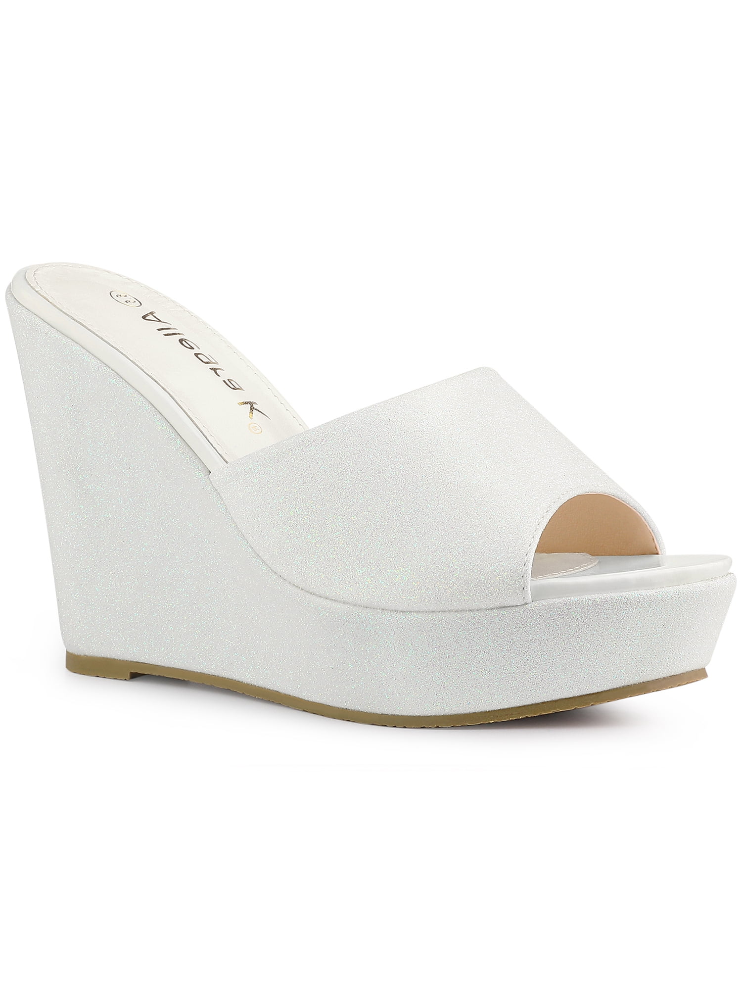 BLISSFUL STEP Sandales à Talons Compensés à Plateforme Pailletées pour Femmes à Enfiler Blanches 8,5