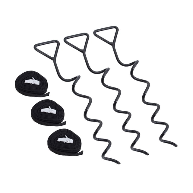 TP Infinity Leap Trampoline Anchor Kit with three black corkscrew metal anchors with triangular handles and three black 2.5cm wide webbing straps with ratchet buckles, designed to secure trampolines in windy outdoor conditions.