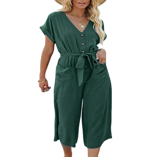 Combinaisons à Jambe Large pour Femmes Boutons devant et Col Roulé Combinaison d'Été avec Poches Ceinture