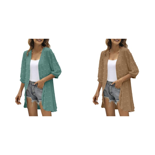 (2-Pack) Kcodviy Women Casual Cardigan Three 1X Cardigan for Women Quarter Sleeve Open Front Womens Stripped Cardigan Lightweight Dots Cardigan Draped Moth Cardigan Ruffles Cardigan