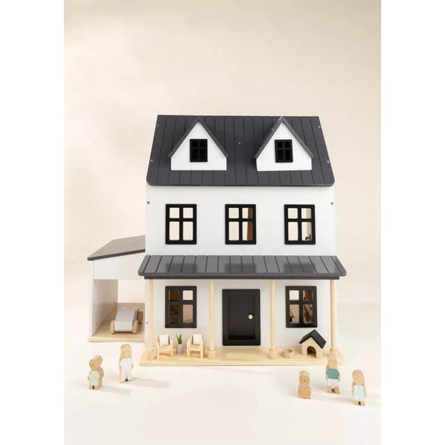 Coco Village Doll House Ensemble de Jeu d'Imitation pour Enfants, une Maison de Poupée en Bois Multicolore avec Toit Noir, Murs Blancs et Fenêtres Encadrées Noires. l'Ensemble de Jeu Comprend un Porche avec des Meubles Miniatures, une extension de garage et Est Idéal pour le Jeu d'Imitation. Fait de Pin, de Contreplaqué et de MDF avec Peinture à Base d'Eau, Il Conforme aux Normes de Sécurité ASTM F963-17. Accessoires et Personnages Vendus Séparément.