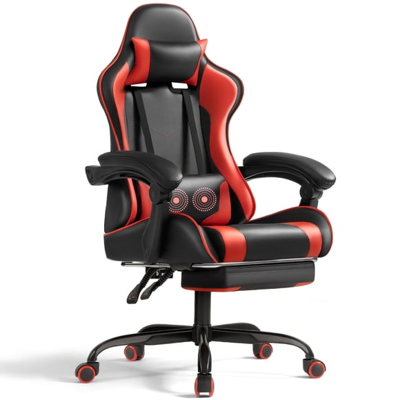 Homall Chaise de Jeu en Cuir PU avec Repose-Pieds et Soutien Lombaire, Massage, Chaise Ergonomique pour Gamer, Hauteur Réglable, Chaise d'Ordinateur, Rouge