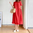 thumbnail image 2 of 2025 Robe Mi-Longue à Col Rond pour Femmes, Manches Courtes, Couleur Unie, Coupe Ample, Robe Midi d'Été pour Femmes, Ajustée, Mi-Longue, 2 of 5