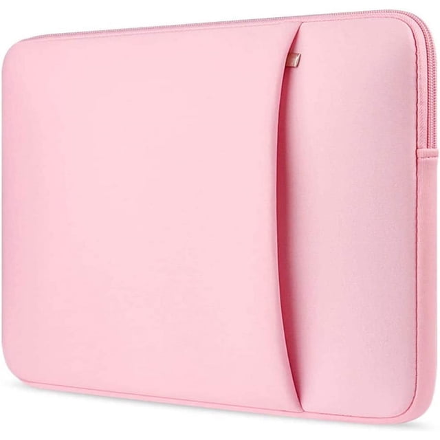 Laptop Sleeve 15.6 Inch Laptop Bag for Notebook Computer, featuring a slim and lightweight design in pink neoprene material. Designed to fit most 15.6-inch laptops, MacBooks, and ultrabooks, it includes a main compartment for the laptop and a side pocket for smaller items like tablets or books. The double zipper closure ensures smooth access, and the sleeve can easily fit into a backpack or briefcase.