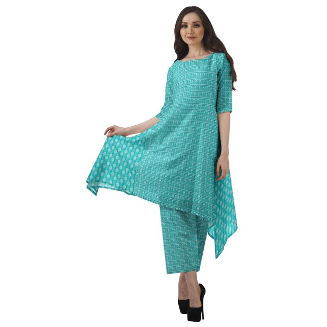 Moomaya Ensemble Kurti Kurta Pantalon pour Femmes Col Bateau Imprimé Robe 2 Pcs Tenue Ethnique