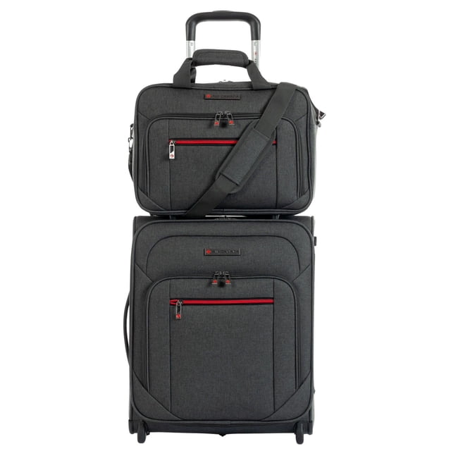 Air Canada 2-Piece Luggage Carry On Set with a dark grey 19-inch soft-sided carry-on suitcase featuring in-line wheels, a retractable push-button handle, and red-accented zipper pulls, paired with a matching tote bag with padded shoulder strap, multiple zip compartments, and trolley pass-through for convenient travel.