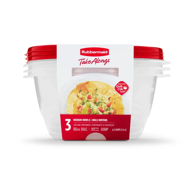 Rubbermaid TakeAlongs Serving Bowl Food Storage Containers, 1.4 L (6.2 Cup), Ruby Red, 3 Pack with three clear plastic medium bowls stacked with ruby red QuikClik Seal lids, microwave-safe, freezer-safe, BPA-free, and dishwasher-safe, ideal for meal prep, leftovers, and pantry storage.