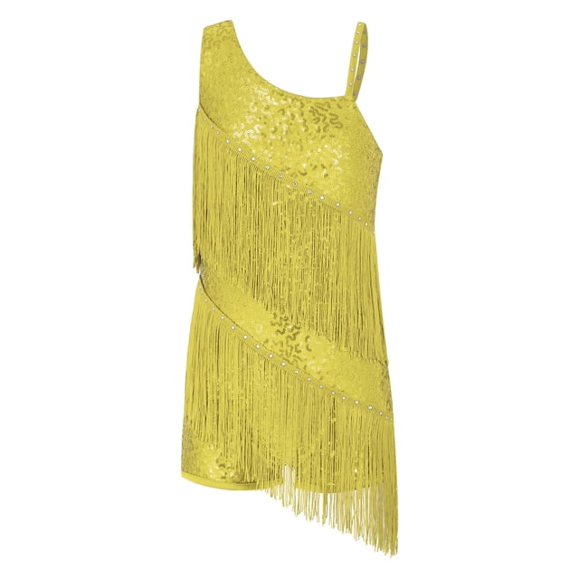 Ocealan Robe de Danse Latine pour Filles Paillettes Jazz Moderne Fête d'Anniversaire Jupe à Franges Justaucorps Or 6