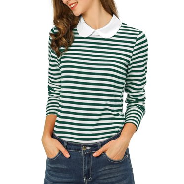 INSPIRE CHIC Women's Long Sleeve Top Contrast Striped Doll Collar Elastic Loop Back Casual Blouse XS Green