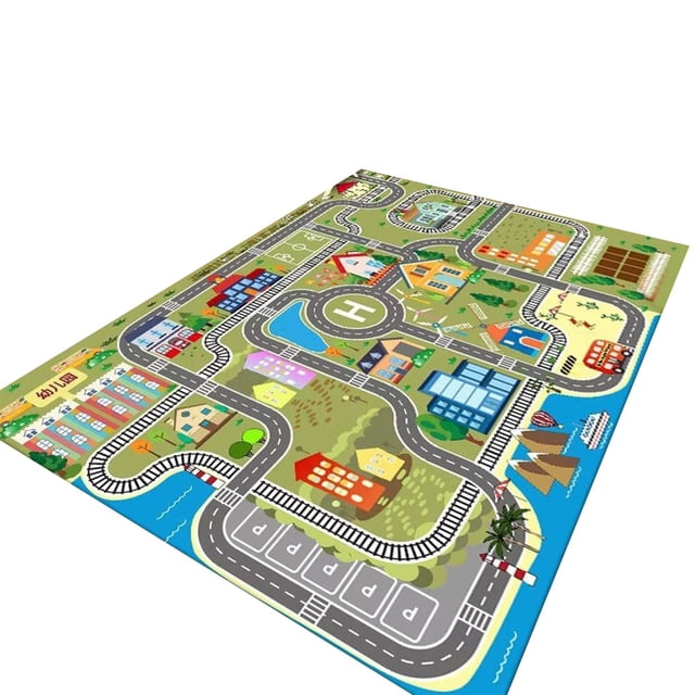Matoen12 Polyester Fluffy Area Rug for Bedroom, Kid Rugs Skin-Friendly Non-Slip Carpet for Living Room Nursery Kindergarten, 32"x63". This rectangular rug features a vibrant traffic pattern with roads, buildings, and a theme park, designed to encourage imaginative play. Made of 100% polyester, it is Oeko-Tex certified, quick-drying, and heat-insulating. The non-slip backing ensures safety during use, and it is easy to clean with a vacuum or machine washable at 30°C. Suitable for nurseries, children's rooms, and play areas.