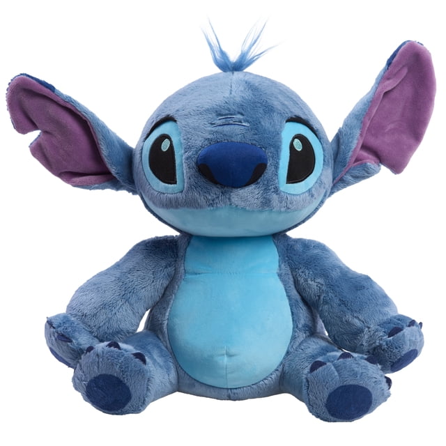 Disney Stitch Fuzzy Plush is a 14-inch blue alien plush toy from Lilo & Stitch with ultra-soft high-pile fabric, large purple-lined ears, embroidered eyes and nose, and a light blue belly, sitting upright on a white background, ideal for cuddling and imaginative play.