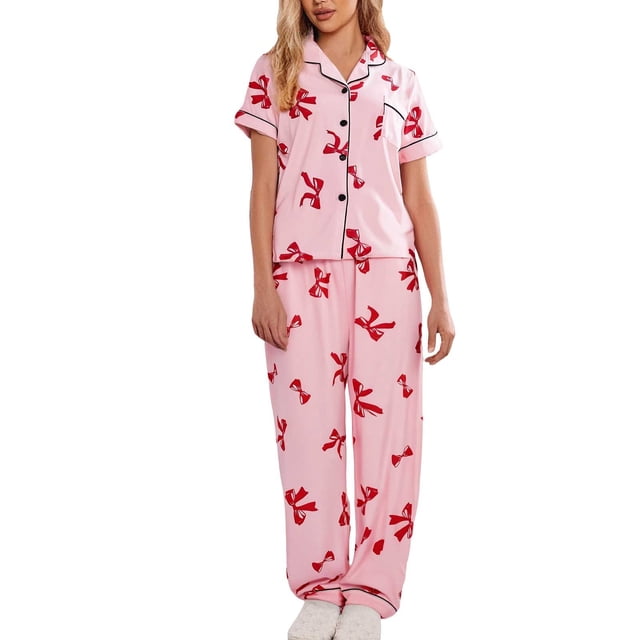 GDREDA Vêtements de Nuit Légers pour Femmes Pyjama de la Saint-Valentin à Nœud Imprimé pour Femmes Ensemble Pantalon avec Poche à Bouton Style Mignon Ensembles de Pyjama pour Femmes pyjamas Rouge,G