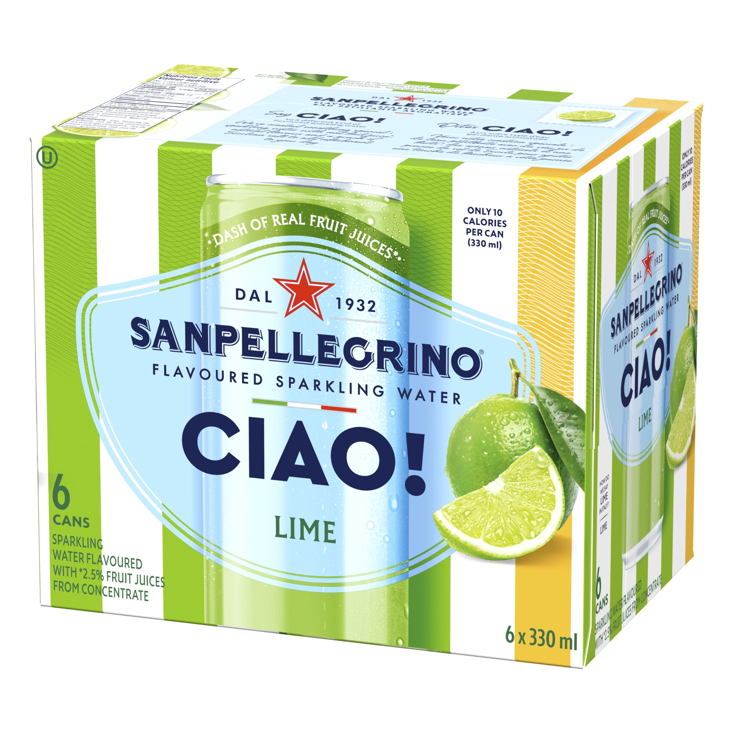 San Pellegrino CIAO! Eau Pétillante Aromatisée à la Lime, Touche de Vrai Jus de Fruits 6x330ml