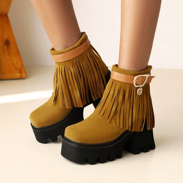 Bottines à Talons Hauts Épais en Daim à Franges pour Femmes Automne et Hiver