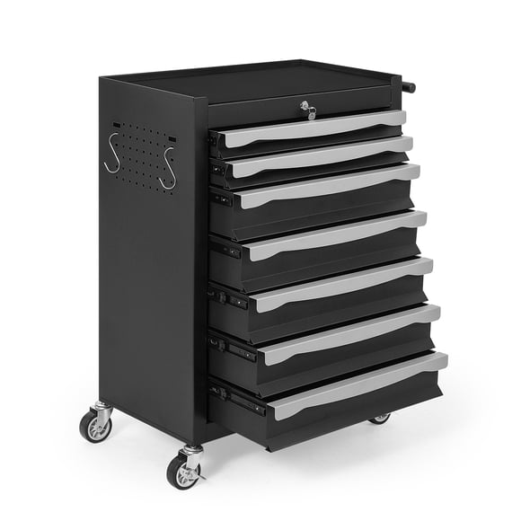 Heavy Duty 7-Drawer Rolling Tool Chest Cabinet – Mobile Toolbox with Locking Drawers, Drawer Liners & Link Buckle – Alloy Steel for Garage, Workshop, Warehouse – Black, 61.5×35×86.5cm