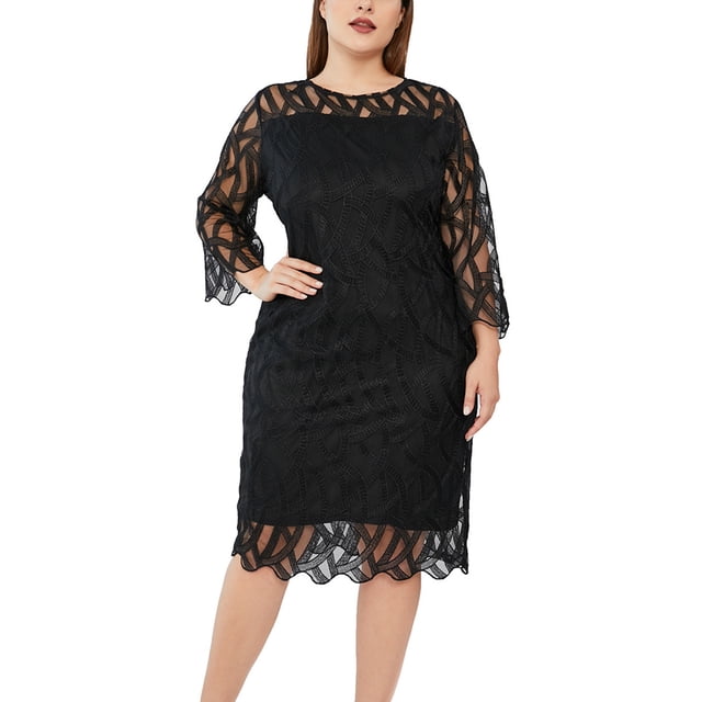 LSLJS Mode Women Sexy Plus Size Long Sleeve Uni Splicing Perspective Sequin Dress