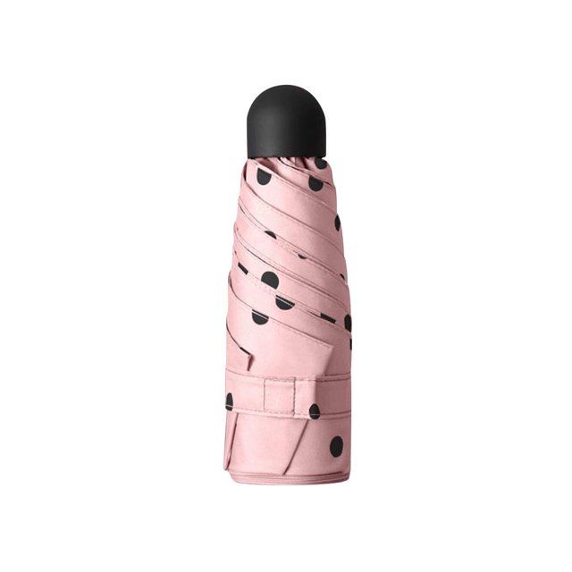 Parapluie Parasol Plat Léger, Parapluie de Soleil Pliant, Mini Parapluie à l'État Plié, avec Tissu Rose à Pois Noirs et Poignée en Alliage d'Aluminium Anodisé Noir. Conception Compacte Se Plie à 18 cm, en Faisant un Accessoire de Voyage Pratique Qui Se Range dans des Sacs Ou des Poches. Fabriqué avec un Tissu Écoresponsable et une protection anti-UV Améliorée, Idéal pour le Voyage Ou pour Offrir.
