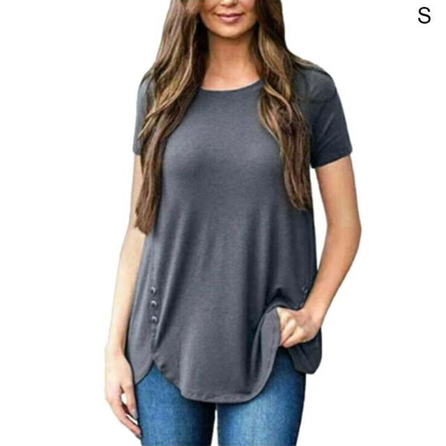 Women T-shirt Solid Color Button Top Round Neck Girl Button T-shirt Short Sleeve Blouse, Gray, S