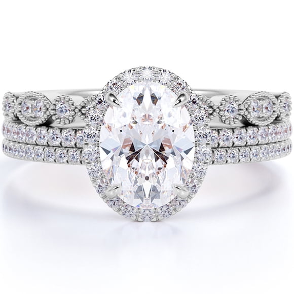 JeenMata Unique 2 Carat Real Moissanite Wedding Trio Ring Set with Engagement Ring and 2 Wedding Bands in 18k Gold Plating for Women