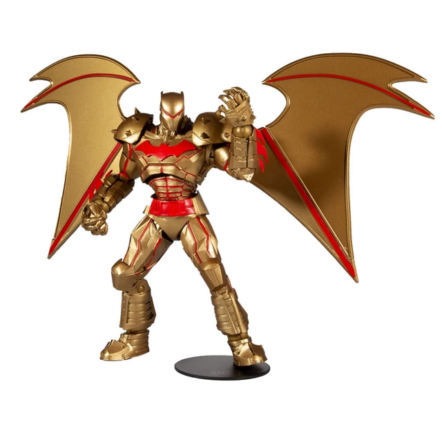 McFarlane Toys DC Multiverse Hellbat Gold Edition 7" Action Figure of Batman in a gold and red Hellbat suit with large bat wings, posed on a black base with ultra articulation for dynamic display, suitable for collectors and fans.